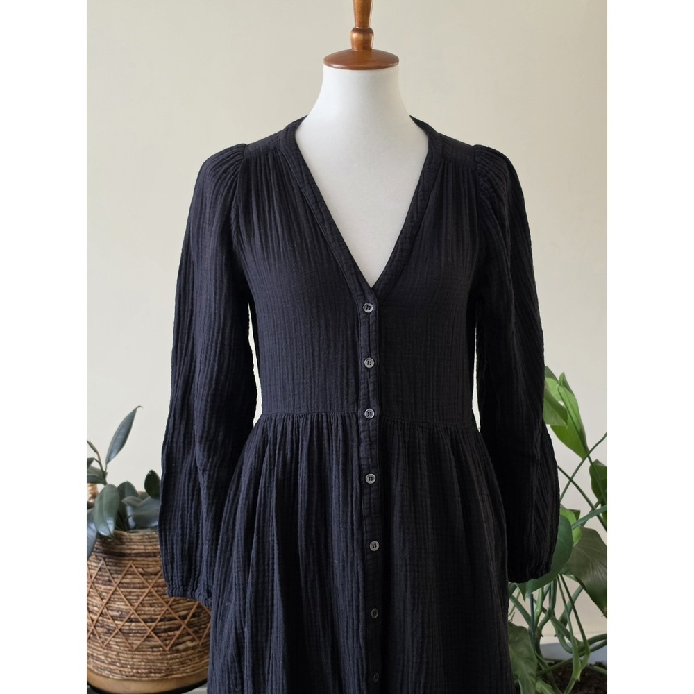 XIRENA Black Cotton GAUZE Button Frontโ MIDI Maxi Dress BOHO EMPIRE WAIST Medium - Picture 3 of 15